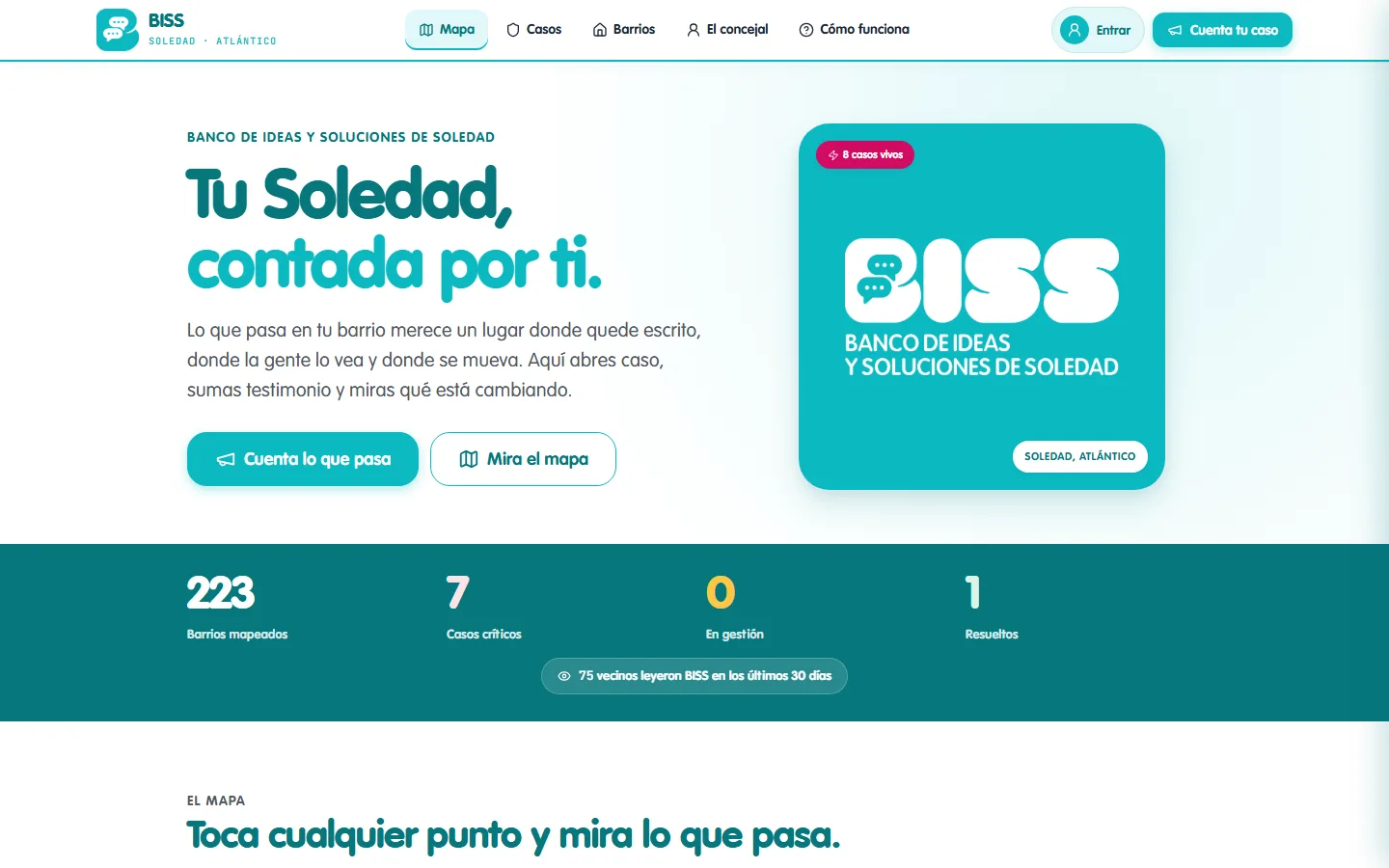 BISS home page: headline, call to action and a row of counters over the case map.
