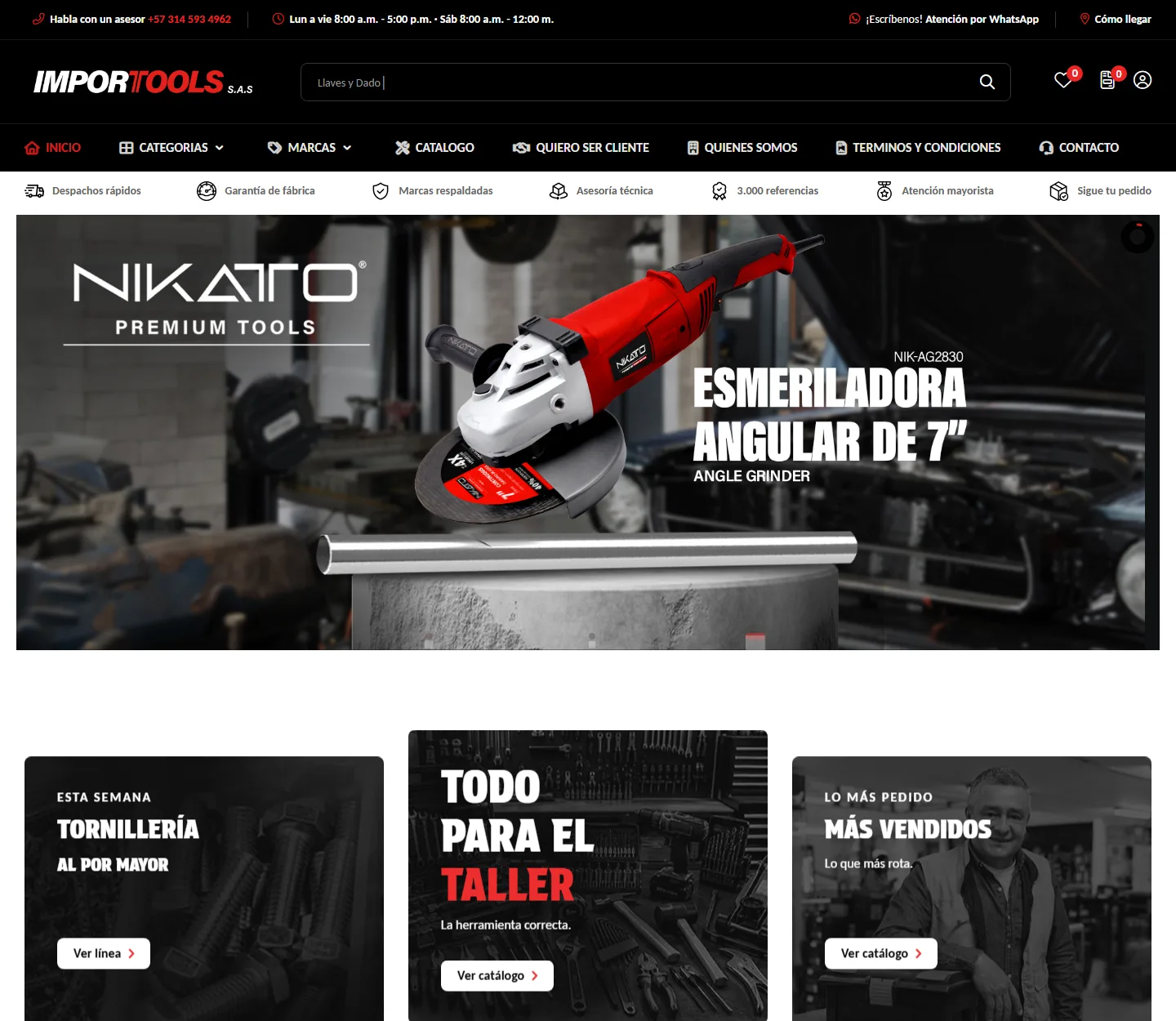 Import Tools S.A.S home page: dark header with category navigation, a product banner and three promotional panels.