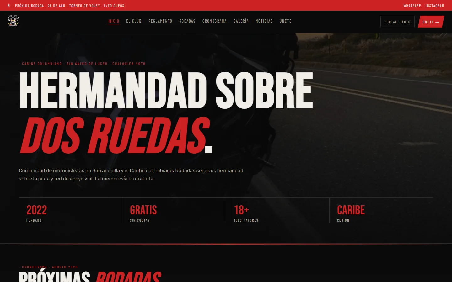 Club Raider home page: large condensed headline over a photograph of a road, with club figures below.